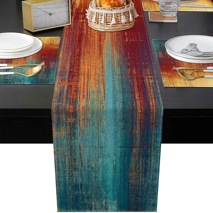 Emvency Blue Orange Table Runner and Placemats Set of 6, Vintage Abstract Messy Rust Painting Art Dining Decor for Daily Use(1 Table Runner 72 inches Long and 6 Placemats)