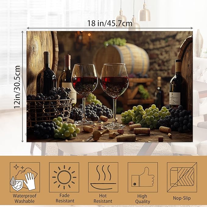 Red Wine Placemats Set of 6,Grape Wood Placemats Washable Kitchen Dining Linen Table Mats Stain Heat-Resistant for Home Party Indoor 12x18 inch