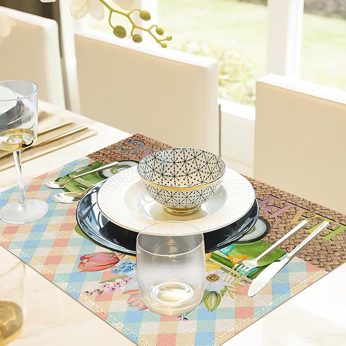 Pink Blue Truck Flowers Placemats,Happy Spring Table Mats Set of 6,12x18 Inch,Waterproof Oil-Proof Washable and Reusable Linen placemats Holiday Party Kitchen Table Decorations