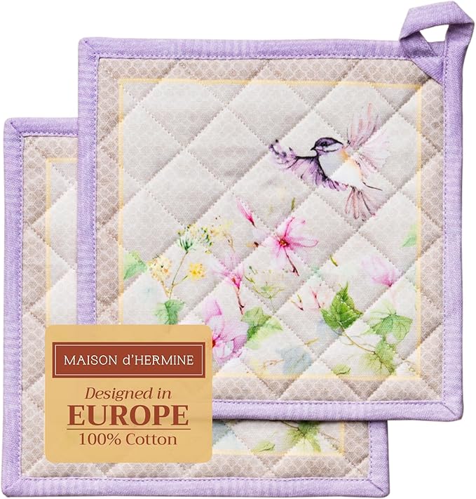 Maison d' Hermine Pot Holders 100% Cotton Heat Resistant Potholders 8" x 8" Hot Pads with Loop Cooking Baking Gifts for Mothers Day Handling Hot Pans Spring/Summer (Pack of 2, Magnolia Mornings)