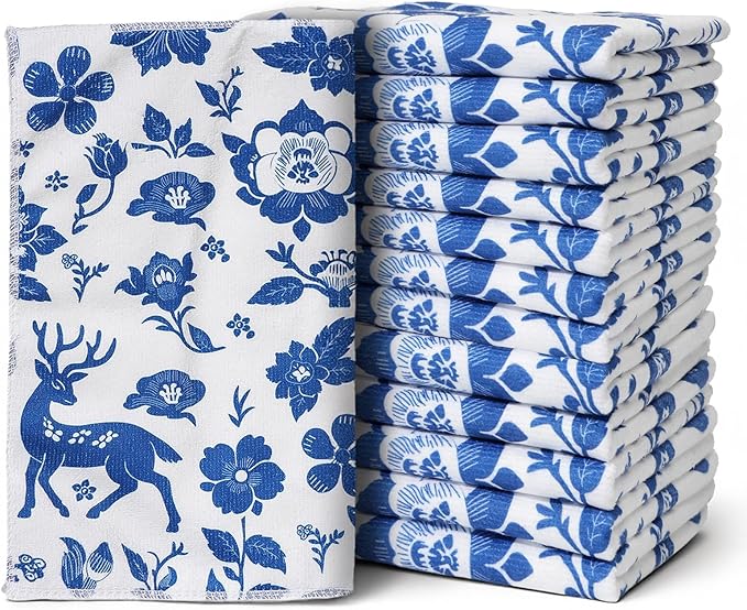 YUA Microfiber Cleaning Cloth 12 Pack,Microfiber Towels Cleaning,Microfiber Towels for Cars,Absorbent Dish Washing Cloth,Reusable Cleaning Cloths Lint Free (Blue Floral Deer)