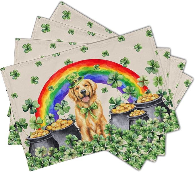 Animal Placemats Set of 4 Lucky Dog St Patrick Linen Table Mats for Kitchen Dining Decor