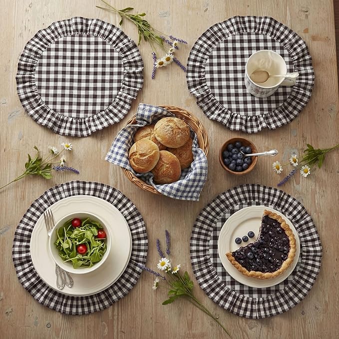 4 Pcs 15 Inch 100% Cotton Scalloped Round Placemats, Thin Brown Gingham Place Mats with Ruffle, Washable Placemats Table Mats for Kitchen Dining Holiday Gatherings Decor