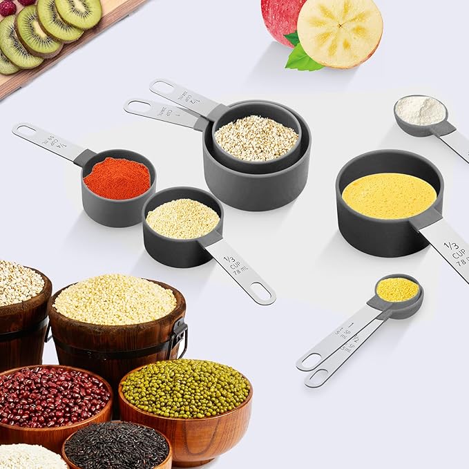 Measuring Cups Set Measuring Spoons Set, Nesting Measure Cups with Stainless Steel Handle, For Measuring Dry and Liquid Ingredients Small Teaspoon with Plastic Head (Black)