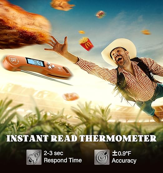 DOQAUS Digital Meat Thermometer, Instant Read Food Thermometer for Cooking with Backlit & Auto-Rotating Display, 4.6” Probe for Grilling, Baking, and Perfect BBQ - Orange