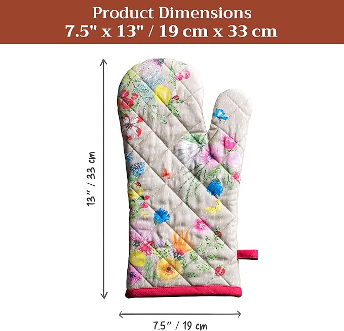 Maison d'Hermine Oven Gloves 100% Cotton Oven Mitt 7" x 13" with Loop Heat Resistant BBQ Cooking Gloves Baking Grilling Gifts for Mothers Day Spring/Summer (Pack of 1, Jardin D'Ete - Fog)