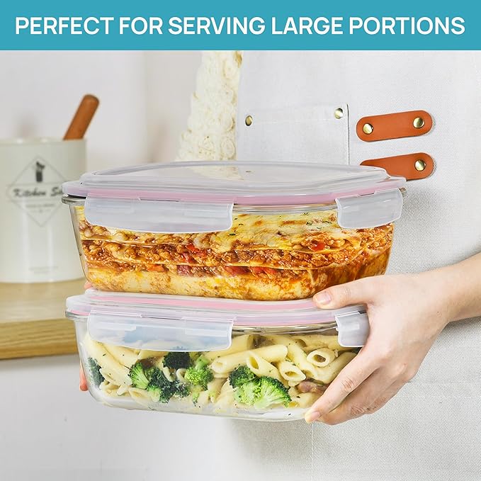 Vtopmart 2Pack 2260ml/ 76.4oz Large Glass Storage Containers with Lids, Meal Prep Food Container Set with Snap Airtight Lid for Baking, Microwave, Oven, Leak Proof, for Freezer, Dishwasher, Pink