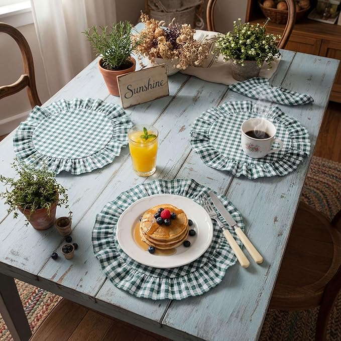 4 Pcs 15 Inch 100% Cotton Scalloped Round Placemats, Thin Dark Green Gingham Place Mats with Ruffle, Washable Placemats Table Mats for Kitchen Dining Holiday Gatherings Decor