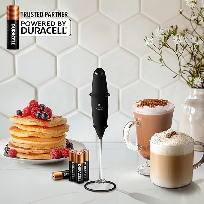 Zulay Kitchen Powerful Milk Frother Wand With 4 AA Duracell Batteries - Ultra Fast Handheld Drink Mixer - Electric Whisk Foam Maker for Coffee, Lattes, Cappuccino, Matcha & Creamer - Executive Black