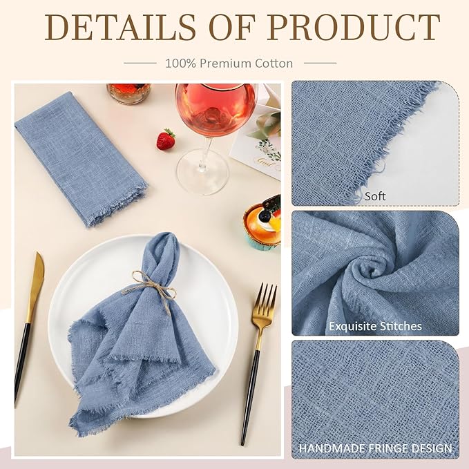 Preboun 24 Pcs Fringe Napkins Bulk Cloth Cotton Soft 17 x 17 Inch Rustic Reusable Washable Festive Square Table Napkins with Fringe for Parties Wedding Restaurant Table Accessory(Blue)