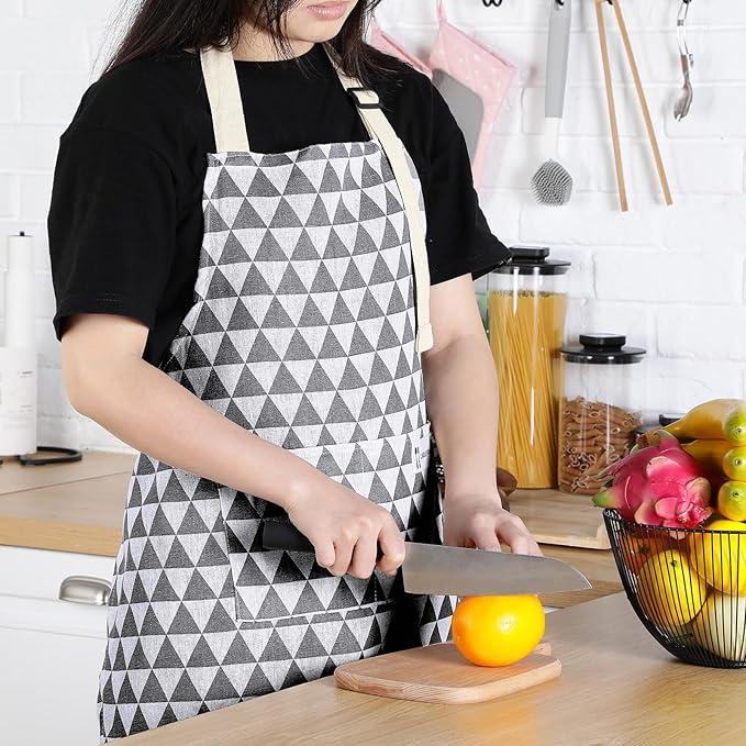 Syhood 2 Pack Aprons with 2 Pocket for Women Men Soft Linen Adjustable Bib Kitchen Cooking Apron for Chefs, Waiters, Baking(Gray Triangle Style)