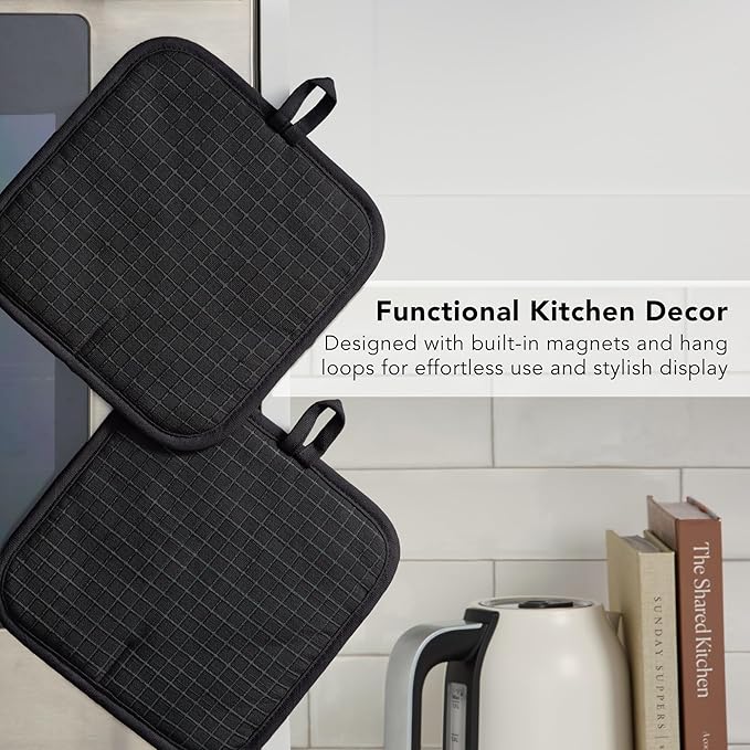 KITCHENAID Gourmet Series Gridlines Pot Holders 2-Pack Set, Heat Resistant up to 600°F, Soft Silicone Grip, Magnetic Cuff, Matte Black, 8"x8"