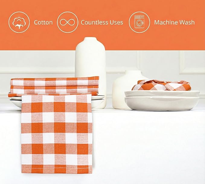 PurpleEssences Buffalo Plaid Cloth Napkins - Mitered Corners - Spring Easter Summer - Gingham Check Dinner Napkin - Set of 12-100% Cotton - 18x18 Inch - Reusable Washable - Orange and White