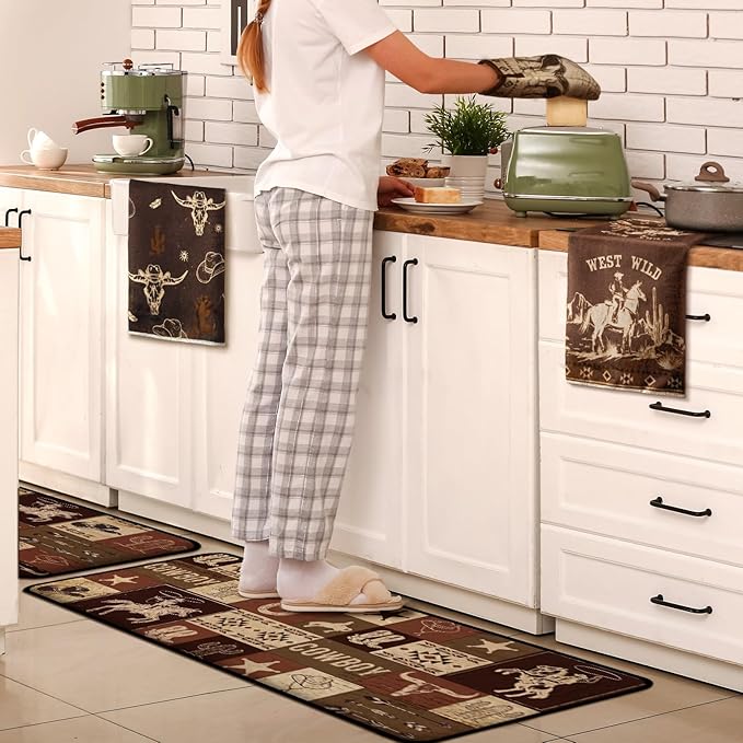 Fourluoo 10 Pcs Western Cowboy Kitchen Decor Brown Oven Mitts and Pot Holders Kit Western Cowboy Kitchen Accessories Vintage Dish Towels Farmhouse Rugs Mats for Home Cooking Baking Housewarming Gifts