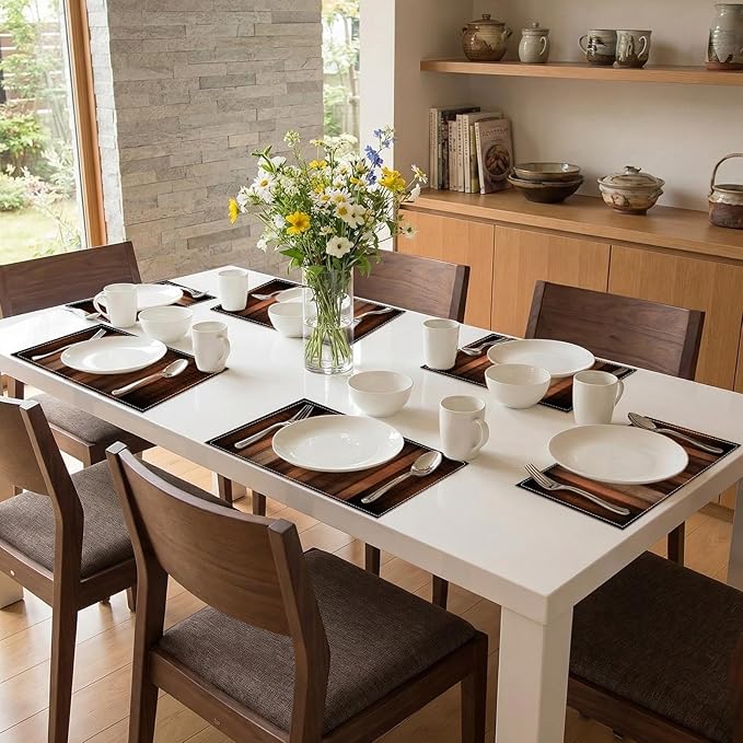 Emvency Farmhouse Placemats Set of 6, Striped Rustic Farmhouse Brown Abstract 12x18 Inch Linen Rectangular Place Copper Peach Table Mats for Indoors & Outdoor Home Party Kitchen Dining Decoration