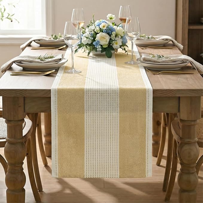 Artoid Mode Light Yellow Farmhouse Rustic Table Runner, Seasonal Macrame Fabric Kitchen Dining Holiday Wedding Table Decor for Home Party 13x60 Inch
