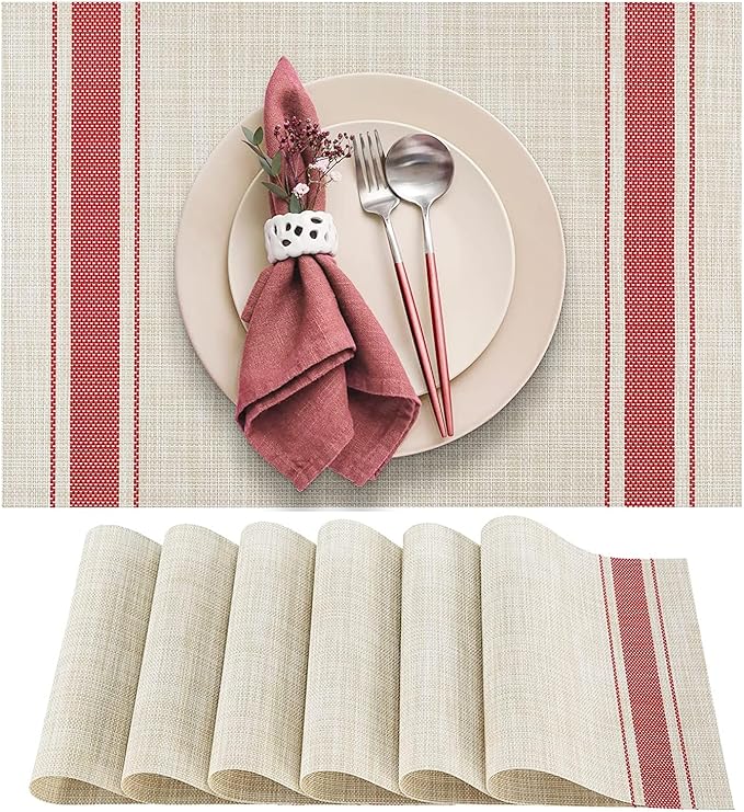 DACHUI Placemats Set of 8, Soft & Elegant Woven Vinyl Place Mats, Water Resistant, Heat Resistant, Washable, Durable Table Mats (Red Stripes)