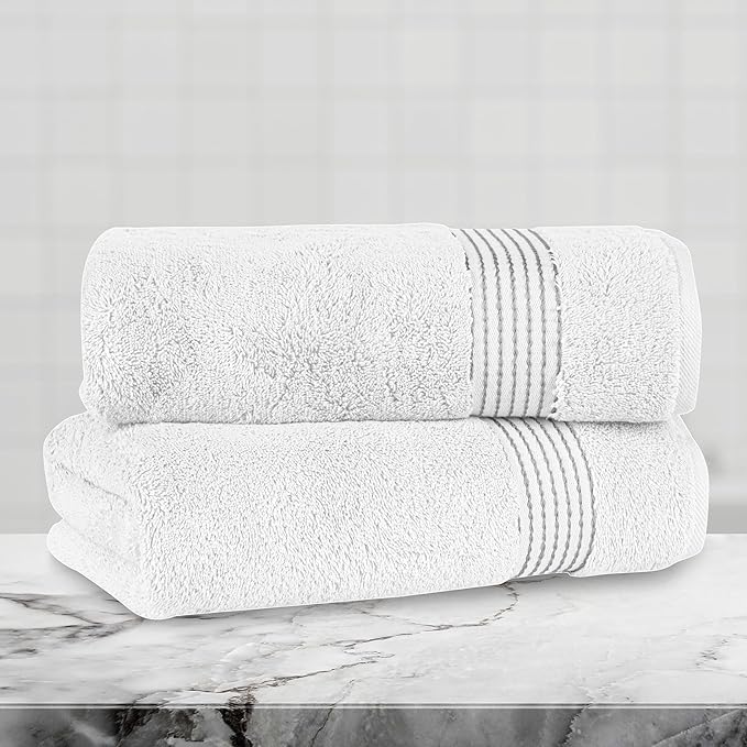 Mocassi Luxury 100% Turkish Cotton 2-Pack Bath Towel Set- Ultra Soft, Quick Dry Highly Absorbent 27 x 54 inch Premium Spa Hotel Quality 2PC Bath Towels - Luxurious Soft Bathroom Towels, White/Gray