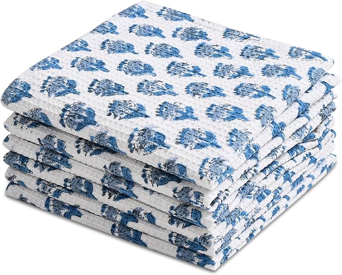 CPC Apatite Blue Hand Block Printed Cotton Waffle Dish Cloth Set of 12-12x12 Inch Super Absorbent, Soft, Reusable Kitchen Towels for Dish Drying & Cleaning Ideal for Spring, Mother's Day