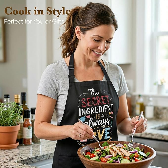 Baking Apron for Women Funny Cooking Apron, The Secret Ingredient Is Always Love Apron, Gift for Mom Wife Grandma, Kitchen Apron with 2 Pockets Adjustable,Kitchen Gift for Mother's Day, Birthday