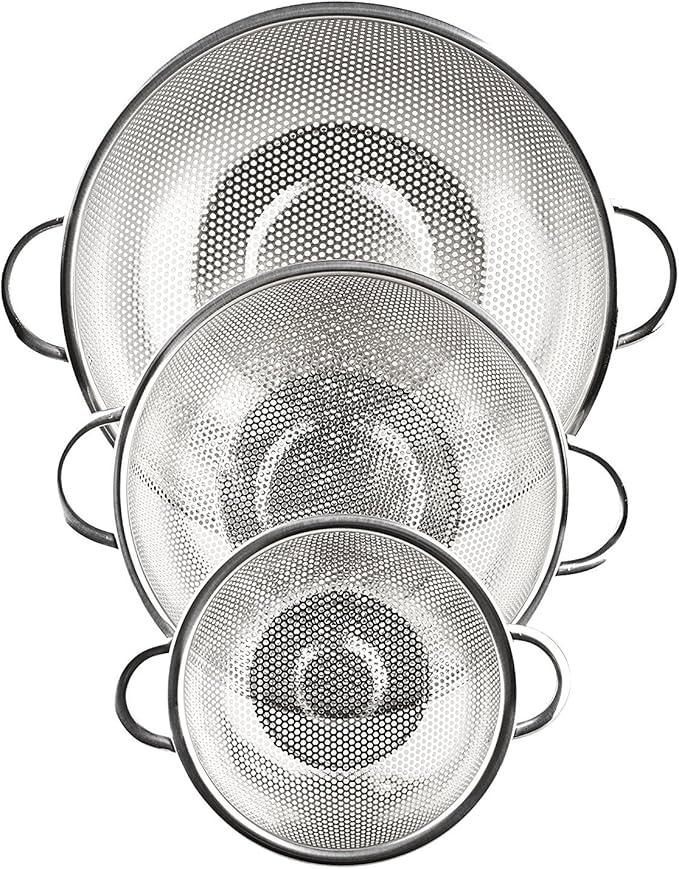 3-Piece Stainless Steel Mesh Micro-Perforated Strainer Colander Set (1-Quart, 2.5-Quart and 4.5-Quart)