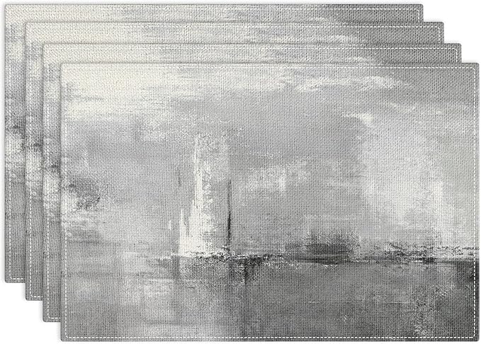 Emvency Farmhouse Placemats Set of 4, Vintage Light Gray and Dark Gray Art Painting 12x18 Inch Abstract GreyTable Mats for Outdoor Home Party Kitchen Dining Decoration