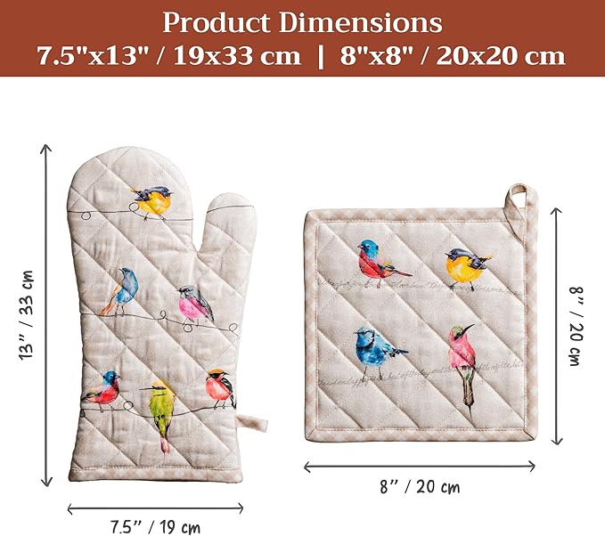 Maison d' Hermine 100% Cotton Oven Mitt & Pot Holder Set (7.5"x13" & 8"x8") Heat Resistant Cooking Gloves with Loop Baking Grilling Kitchen Gifts for Mothers Day Spring/Summer (Birdies on Wire)