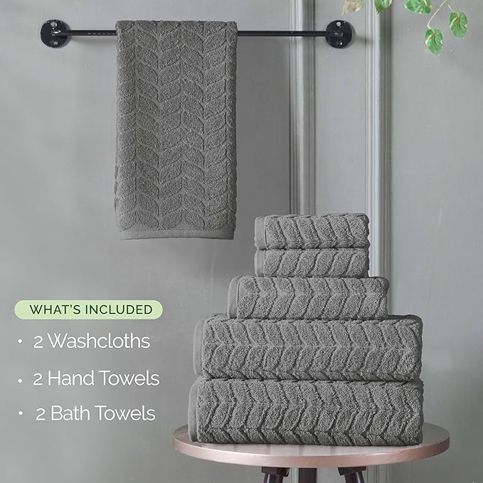 Elegant Comfort Luxury 6-Piece 100% Turkish Cotton Jacquard Braided Textured Premium Hotel Quality Towel Set– Soft and Absorbent, Includes 2 Bath Towels, 2 Hand Towels and 2 Washcloths, Gray