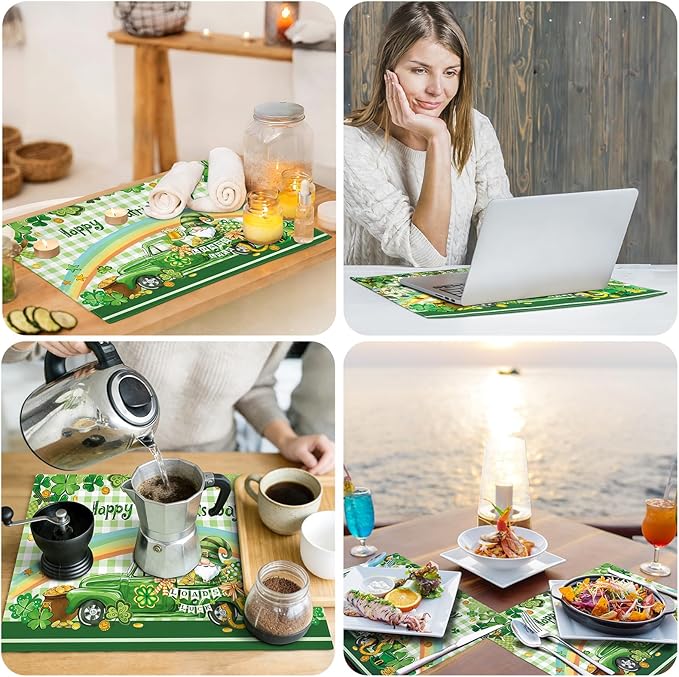 comfoyar St. Patrick's Day Placemats Set of 4, 12x18 Inch Non-Slip Linen Shamrock Lucky Clover Place Mats, Washable Absorbent Gnome Truck Coins Table Mats for Kitchen Dining Party Table Decoration
