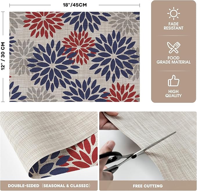 Artoid Mode Floral Vinyl Plastic Placemats Set of 4, 12x18 Inch 4th of July Patriotic Memorial Day Washable Non-Slip PVC Place Mats for Party Kitchen Dining Decor, Red Blue