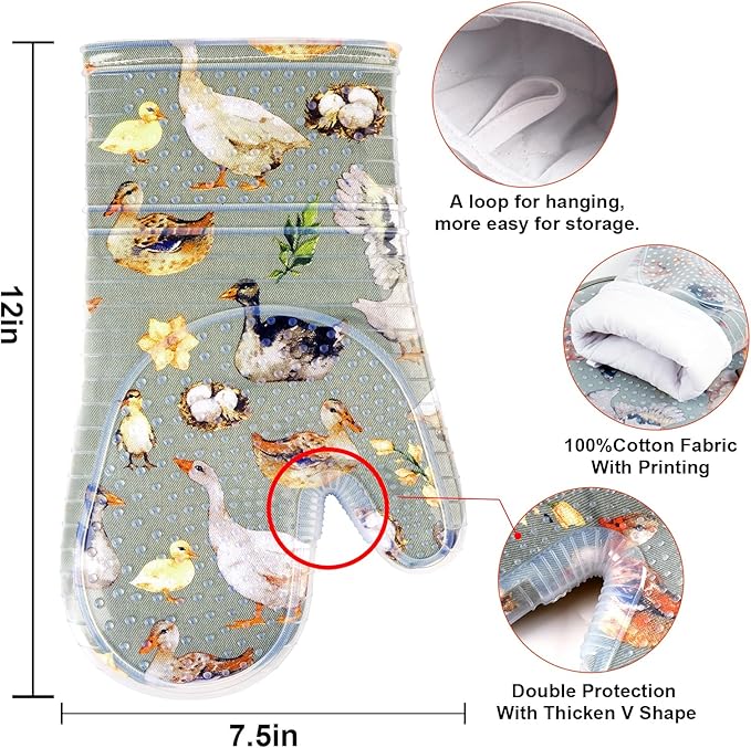 Oven Mitts Set of 2 with Transparent Clear Silicone Shell and Nice Duck Printing Cotton Lining, Heat Resistant to 500 F Kitchen Oven Gloves Pot Holder for Cooking (Wathet Blue, Oven Mitts)