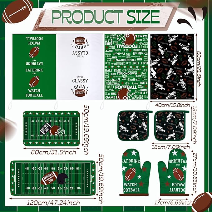 Fourluoo 10 Pcs Football Kitchen Decor Oven Mitts and Pot Holders Sets Football Dish Towels Pot Holders Sports Kitchen Rugs and Mats for Women Reusable Cooking Grilling Accessories Mom Gift