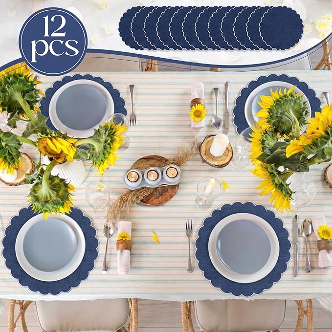 Set of 12 Navy Blue Cotton Placemats 15 Inch Round Scalloped Embroidery Placemats Washable Double Layered Rustic Table Mat Fabric Napkins for Wedding Table Decor