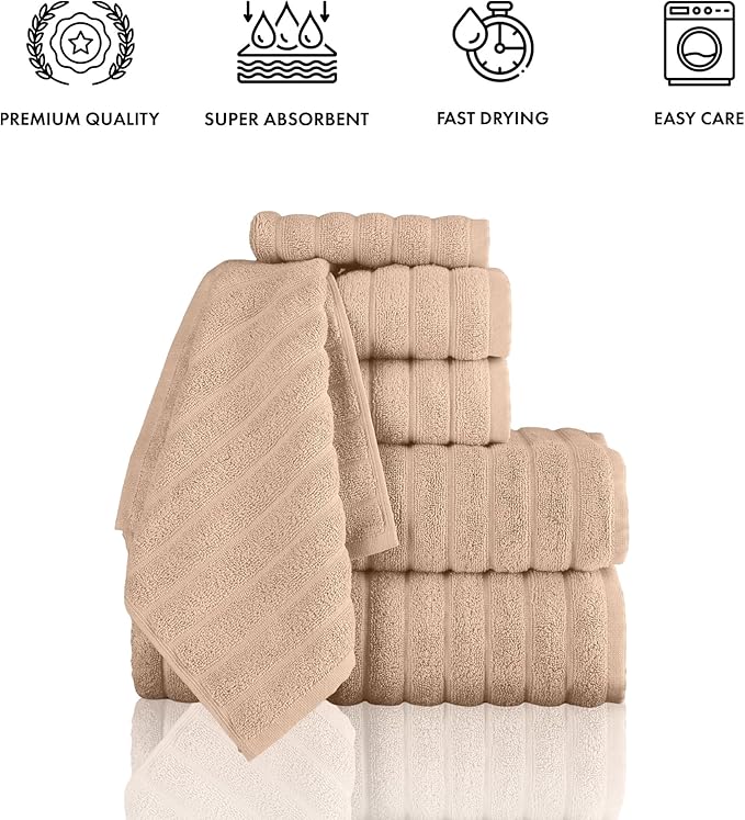Classic Turkish Towels CTT Luxury 6 Piece Towel Set, 100% Turkish Cotton, Quick Drying, Highly Absorbent & Comfy, Includes 2 Bath Towels, 2 Hand Towels & 2 Washcloths | (Almond Beige)