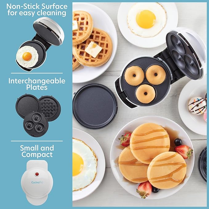 3 in 1 Mini Breakfast Maker- Make Mini Waffles Donuts Pancakes or Eggs all in 1 Multi Use Appliance- Easily Swap & Clean Interchangeable Griddle Plates- Small Electric Nonstick Baker with Recipe Guide
