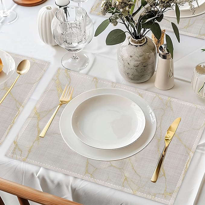 Marble Placemat Set of 6,White Gold Flowing Marble Heat Resistant Linen Table Mats for Indoor Outdoor Home Kitchen Dining Room Table 12x18Inch