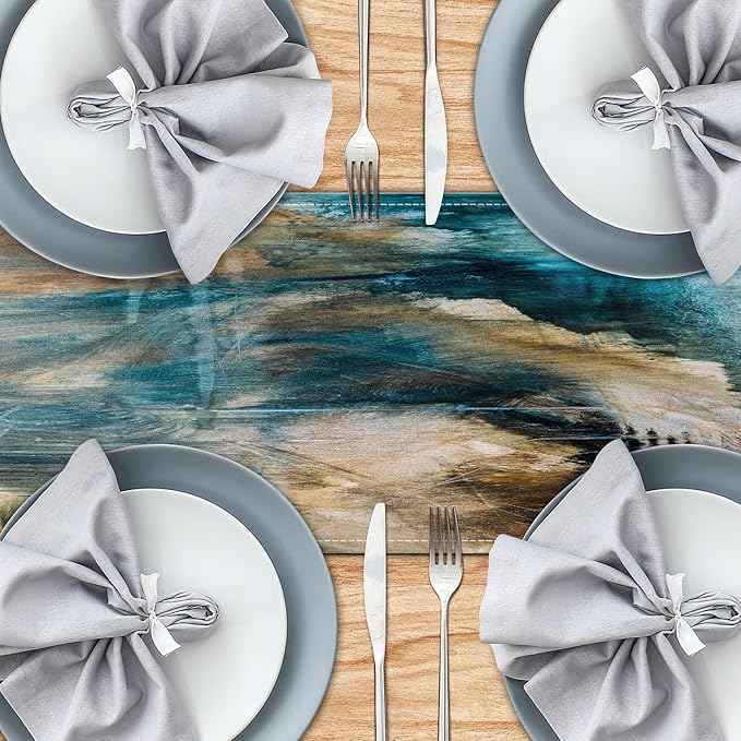 Teal Black and Brown Table Runners Rustic Farmhouse Linen Table Runners Abstract Modern Art Coffee Table Runner for Kitchen Dining Table Home Party Decor (Teal Brown, 13"x 36")