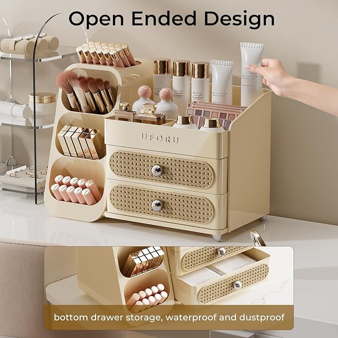 Makeup Organizer for Vanity with Brush Holder, Large Plastic Bathroom Countertop Skincare Organizer with 2 Drawers, Spacious Cosmetic Display Case for Perfumes, Eyeshadow Palettes, Nail Polishes
