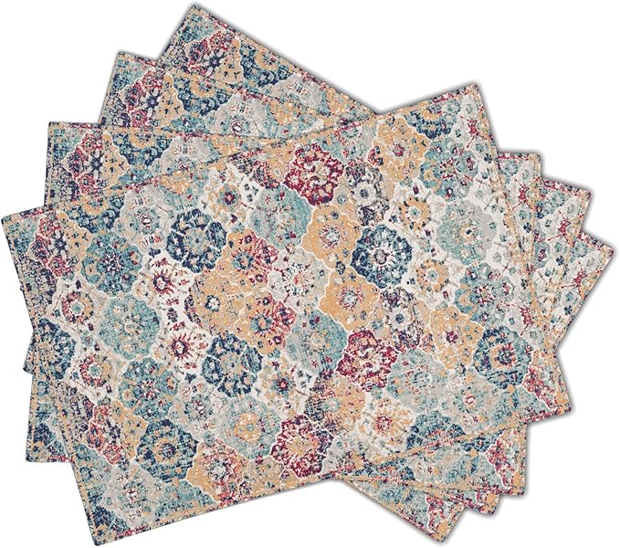 aportt Ethnic Boho Placemats Set of 4 Bohemian Carpet Vintage Rust Coral Floral Carpet Linen Washable Kitchen Dining Table Mats Stain Heat-Resistant Desktop Decor Place Mats 12x18 in