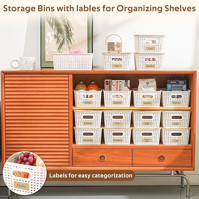 8 Pack Plastic Storage Bins with Bamboo Lids - Stackable Storage Baskets with Handle for Pantry Organizer and Storage, Plastic Containers Bins Lidded Storage Bins for Classroom Office Shelves