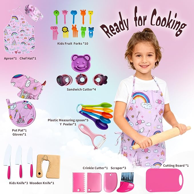 Kids Cooking and Baking Chef Set, Apron Chef Hat Accessories Complete Cooking Set, Dress Up Pretend Play Career Role Play Costume Toys Thanksgiving for Boys Girls