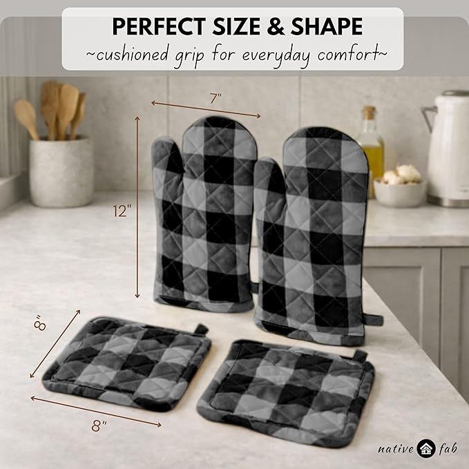Native Fab Buffalo Plaid Check Oven Mitts and Pot Holders Set of 4, 100% Cotton Heat Resistant Kitchen Gloves, 2 Oven Mitts (7x13), 2 Pot Holders (8x8) for Cooking & Baking, Ash Grey Black