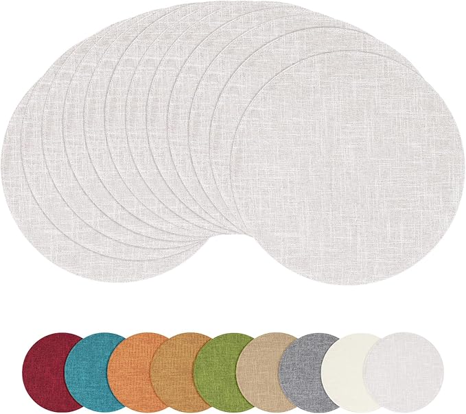 homing 15 Inch Round Cloth Placemats Set of 12, Cotton Linen Blend Washable Table Mats, Farmhouse Dining Place Mats for Indoors & Outdoors, Easy to Clean, Beige
