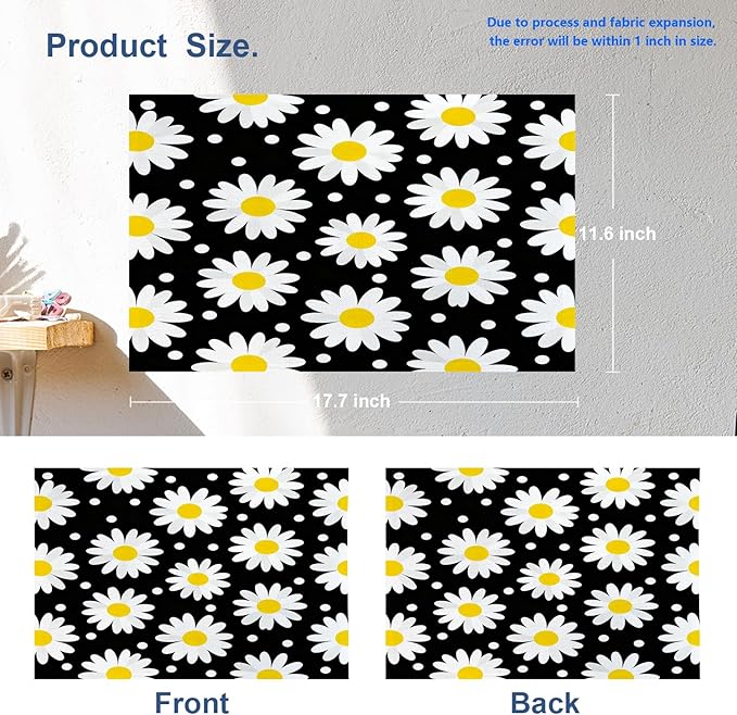 Batmerry Daisy Black White Placemats, Texture Circle Doodle Tiny Flowers Beauty Washable Linen Table Mats for Kitchen Table Double Insulation Decor Dining Set Indoor Outdoor 12X18 in Set of 6