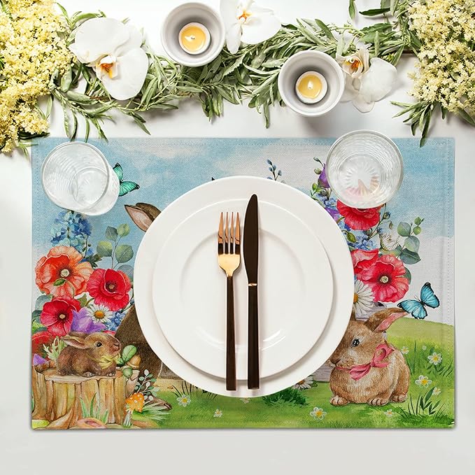Easter Rabbit Floral Place Mats - Bunny Placemats Set Spring Flowers Colth Table Mats for Home Kitchen 12x18 in
