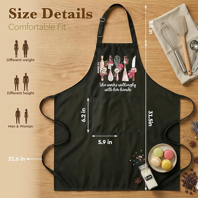 Kitchen Apron Gift for Women Christian Sister Friends,She Works Willingly With Her Hands(Proverbs 31:13) , Religious Cooking Baking Apron Gift for Mom Wife Grandma,Faith Apron with Pockets Adjustable