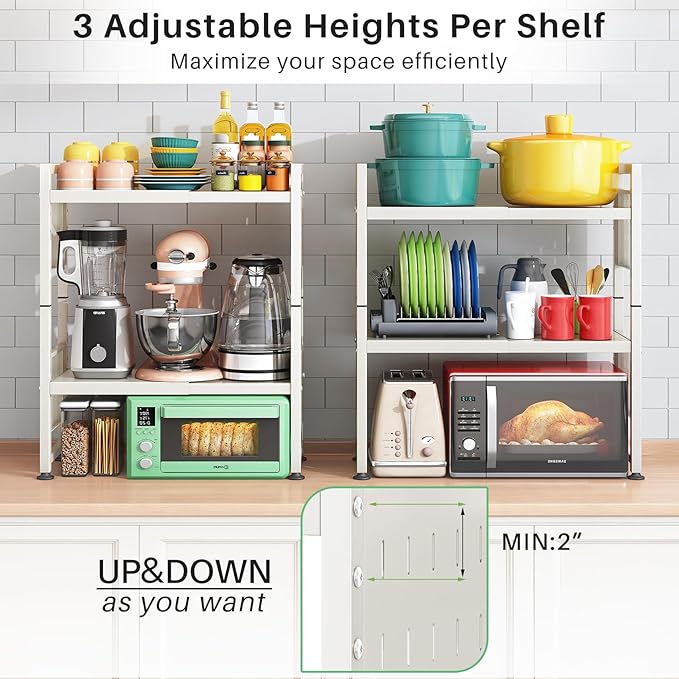 Microwave Stand, 3-Tier Expandable(17.4"-27.4") Microwave Oven Rack, Heavy Duty Adjustable Shelf with 9 hooks, Kitchen Organizer Storage Shelves for Pantry, Countertop, Coffee Bar, Office, Dorm, White