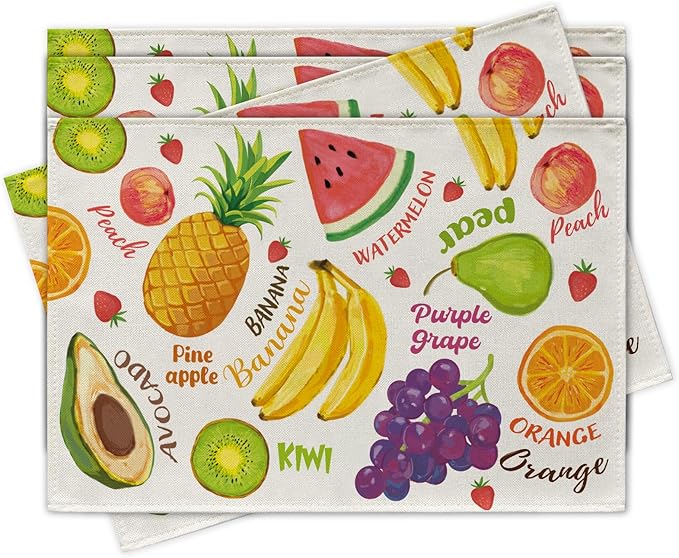 Watercolor Fruit Placemats Set of 4, Spring Summer Watermelon Pineapple Banana Orange Dining Table Place Mats, Grapes Pearl Peach Kiwi Avocado Strawberry Kitchen Home Decoration 12''x18''