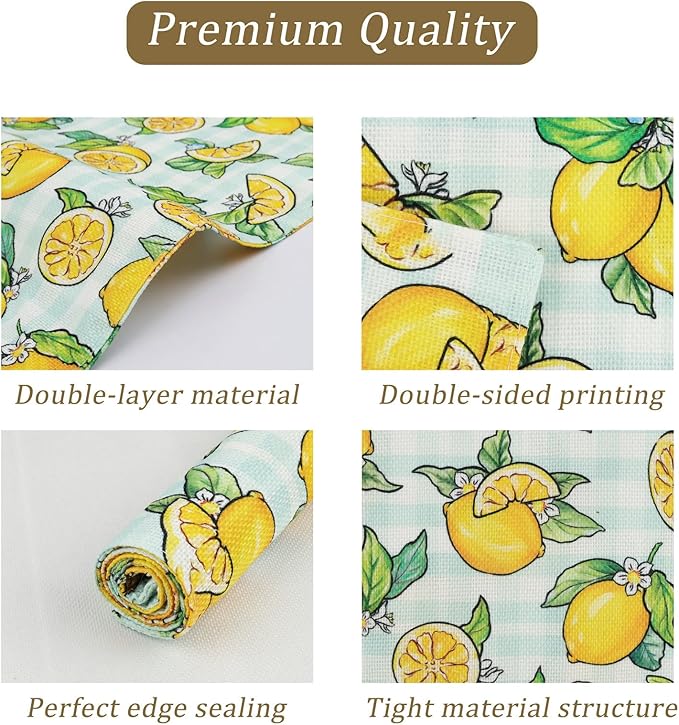 comfoyar Summer Lemon Placemats Set of 4, 12x18 Inch Non-Slip Linen Flower Leave Place Mats, Washable Absorbent Plaid Table Mats for Kitchen Dining Party Table Decoration