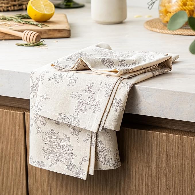 100% Cotton French Pastoral Kitchen Towels Set of 2, Decorative Flour Sack Tea Towels with Hanging Loop 18x25 Inch Absorbent Dish Cloths Farmhouse Home Decor, Grey